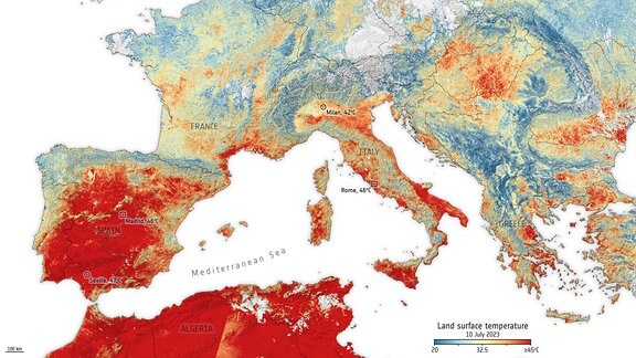 Temperaturen der Landoberfläche Europas und Nordafrikas ermittelt mit dem Radiometerinstrument der Copernicus Sentinel-3-Mission