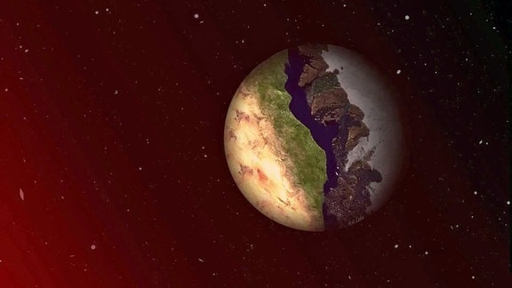 Eine künstlerische Weltraumdarstellung: Bei einigen Exoplaneten ist eine Seite permanent ihrem Stern zugewandt, während sich die andere Seite in ständiger Dunkelheit befindet. Die ringförmige Grenze zwischen diesen permanenten Tag- und Nachtregionen wird als Terminatorzone bezeichnet.