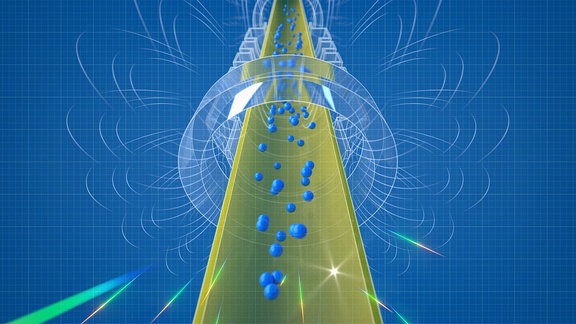 Grafische Darstellung des Experiments: Antiwasserstoff (blau) ist wirdmagnetisch in der Vakuumkammer gehalten. Bei Reduktion des Magnetfeldes entwichen etwa 80 Prozent der Antiwasserstoffatome nach unten und wurden dort bei Kontakt mit Materie vernichtet.