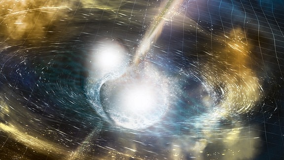 Illustration von zwei fusionierenden Neutronensternen. Aus der Kollision breiten sich Gravitationswellen aus, wenige Sekunden später ereignet sich ein Ausbruch von Gammastrahlen.
