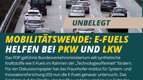 Faktencheck-Tafel: Mobilitätswende: E-Fuels helfen bei PKW und LKW