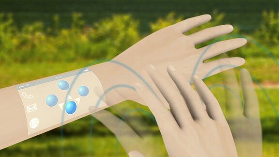 Grafische Darstellung einer möglichen Anwendung elektronischer Haut: eine hand bedient kontaktlos einen virtuellen Bildschirm auf dem Handgelenk