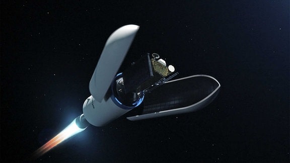 Eine künstlerische Darstellung der Spectrum-Rakete von Isar Aerospace im Weltall. Sie entläd gerade ihre Fracht.
