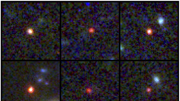 Bilder von sechs Kandidaten für massereiche Galaxien, aufgenommen 500-800 Millionen Jahre nach dem Urknall. Eine der Quellen (unten links) könnte so viele Sterne enthalten wie unsere heutige Milchstraße, ist aber 30 Mal kompakter.