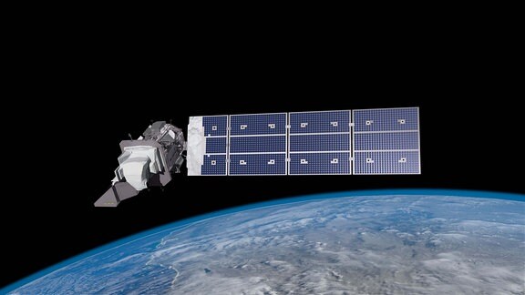 Beschreibung Eine künstlerische Darstellung des Landsat-9 Satelliten in der Umlaufbahn der Erde. 