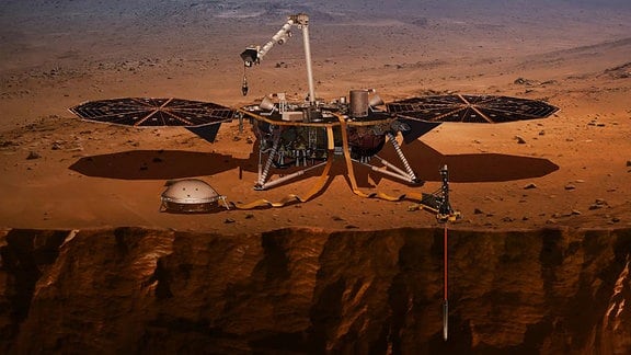 Diese künstlerische Dartsellung zeigt die InSight Mars-Mission der amerikanischen Raumfahrtbehörde NASA. Das Landemodul ist auf dem Mars gelandet und mit ihm der Mars-Maulwurf vom DLR (Deutsche Zentrum für Luft- und Raumfahrt).