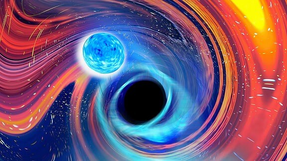 Illustration eines Schwarzes Loches, welches einen Neutronenstern schluckt