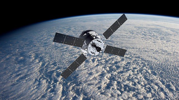 Eine künstlerische Darstellung des Orion-Raumschiffes vor der Erde. Angetrieben wird es vom European Service Module (ESM)