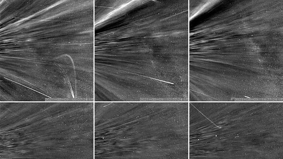 Helle Strukturen, durch die NASA-Raumsonde Parker Solar Probe über und unter den Streamern in der Sonnenkorona geflogen ist. Bislang waren die Luftschlangen nur aus der Ferne zu sehen. Von der Erde aus sind sie nur bei totalen Sonnenfinsternissen zu sehen. Das Bild zeigt sechs Einzelaufnahmen, die zu einer Collage zusammengestellt sind: drei Bilder oben, drei Bilder unten.