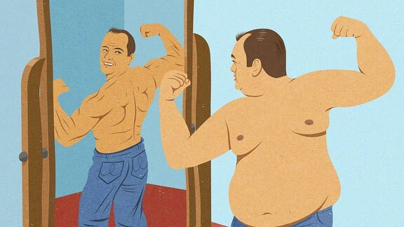 Illustration - Übergewichtiger Mann schaut in den Spiegel und stellt sich als muskulösen Mann