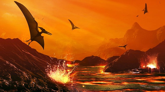 Illustration: Flugsaurier Pterosaurs während eines Meteoritenschauers.