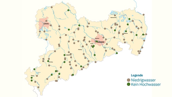 Ksrte mit Flüssen in Sachsen und Pegelständen: Fast überall ist Niedrigwasser.