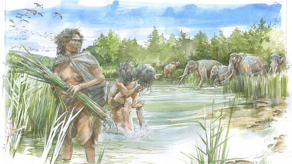 Eine Zeichnung von Urzeitmenschen neben Mammuts