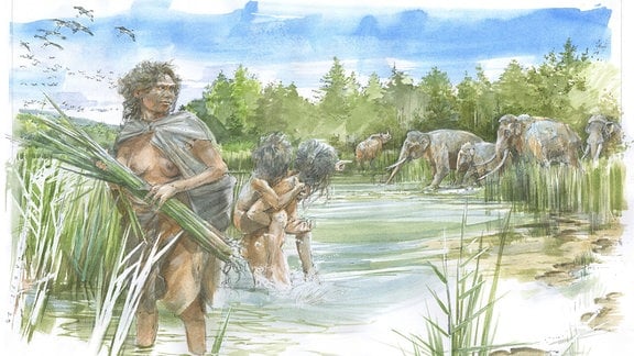 Eine Zeichnung von Urzeitmenschen neben Mammuts