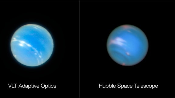 Zwei Teleskop-Aufnahmen des blau schimmernden Planeten Neptun