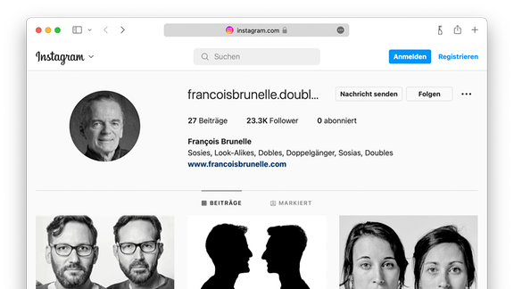 Browserfenster mit geöffnetem Instagram-Account von Francoise Brunelle mit drei Fotos auf denen Doppelgänger-Paare in schwarz-weiß als Porträt zu bzw. in Scherenschnitt-Optik zu sehen sind. 