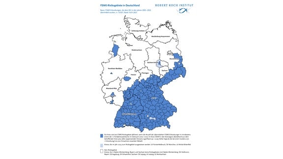 Eine Karte von Deutschland mit blau eingefärbten Landkreisen vor allem im Süden und im Südosten Deutschlanfds und größtenteils weißen Flächen im Norden und Nordwesten.