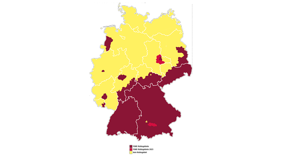 Diese Karte zeigt die Risikogebiete für FSME in Deutschland an. 