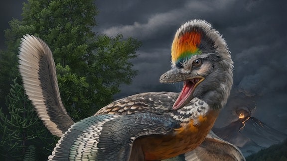Künstlerische Rekonstruktion des 150 Millionen Jahre alten avialischen Theropoden Fujianvenator prodigiosus. 