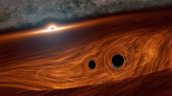 Künstlerische Darstellung zweier Schwarzer Löcher, die sich in einer Gasscheibe um ein drittes Schwarzes Loch befinden.