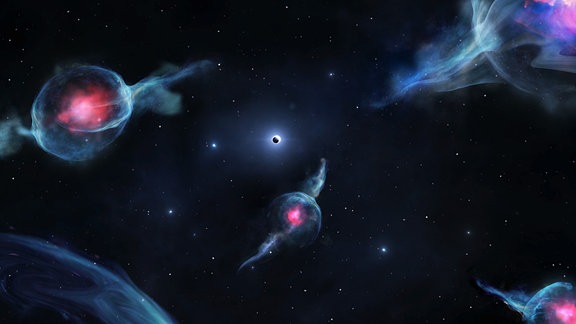 Künstlerischer Eindruck von G-Objekten, mit den rötlichen Zentren, die das supermassive schwarze Loch im Zentrum unserer Galaxie umkreisen. Das Schwarze Loch wird als dunkle Kugel innerhalb eines weißen Rings (über der Mitte der Darstellung) dargestellt.