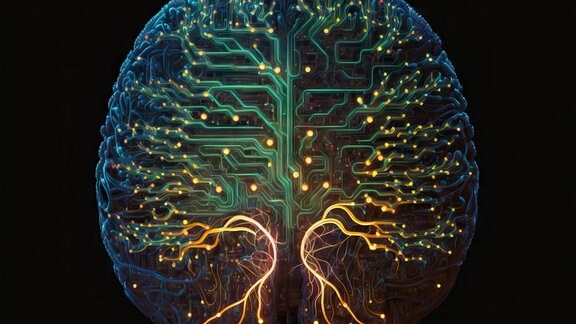 Ein beleuchtetes Schema im Gehirn, das das Konzept der künstlichen Intelligenz auf schwarzem Hintergrund darstellt.