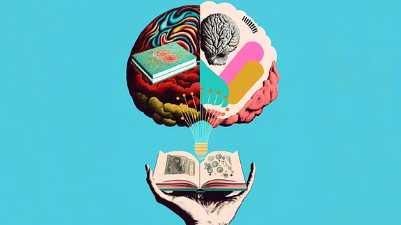 Eine Nahaufnahme der Hand einer Person, die ein offenes Buch hält, mit einem Gehirn und hochfliegenden Symbolen im Hintergrund