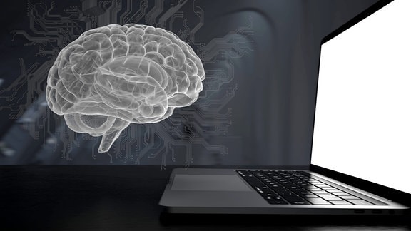 Digitales menschliches Gehirn mit Schaltplan und Laptop auf einem Tisch. 3D-Illustration.