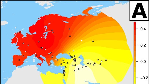Eine Landkarte auf der die Flächen von Europa, Afrika und ein Teil Asiens zu sehen ist. In einem Farbverlauf, der gelb in Afrikabeginnt, sich nach Asien sieht und dann nach Europa hin in einem Bogen von orange bis in satte Rottöne mündet. Kleine schwarze Dreiecke markieren wann und wo Menschen gesiedelt haben.