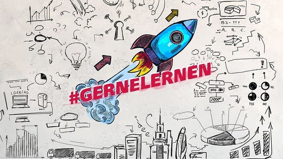 Grafik #GERNELERNEN - Rakete vor dem Hintergrund einer Stadt.