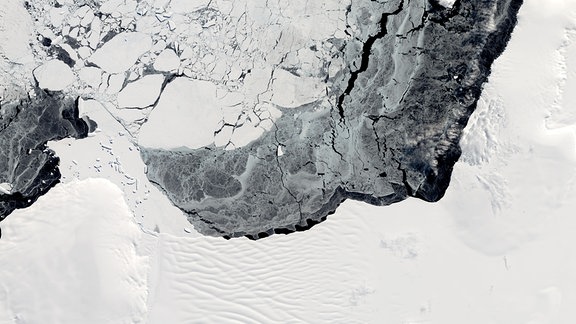 Satellitenaufnahme des Getz-Eisschelfgebiets in der Westantarktis. Am unteren Bildrand ist die weiße Eisfläche am Festland zu sehen, auf der oberen Bildhälfte bedecken nur noch einzelne Splitter aus Eis die ansonsten dunkle Fläche des arktischen Ozeans.