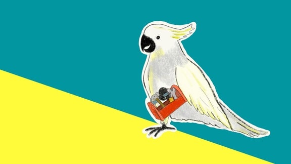 Illustration eines Kakadus, der einen Werkzeugkoffer trägt. 