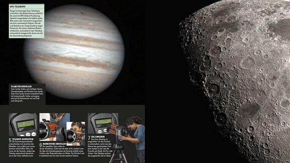 Neben zwei großformatigen Aufnahmen von der Jupiter-Oberfläche zeigen drei kleine Fotos die Ausrichtung eines mobilen Teleskops.