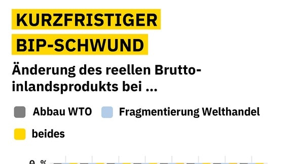 Grafik zeigt den Rückgang des Bruttoinlandsprodukts verschiedener Staaten und Staatengruppen bei einem Abbau der WTO, einer Fragmentierung des Welthandels und bei beiden Szenarien. in allen Fällen überall Rückgang, besonders in Szenario Fragmentierung und beides. Am deutlichsten China mit bis minus 5,7 Prozent betroffen, danach BRICS-Staaten und Deutschland mit bis minus 3,3 Prozent.