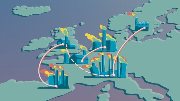 Illustration Europa von oben mit verschiedenen Industriegebäuden mit Schornsteinen und Emissionen, vebunden durch geschwungene, teilweise gestrichelte Linien