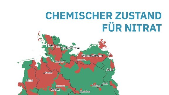 Zwei Deutschlandkarten zeigen chemischen Zustand für Nitrat in Gut und Schlecht sowie mittlere Nitratgehalte an Messstellen in vier Kategorien von 0 bis über 50 Mililiter pro Liter Nitrat in Grundwasser.
