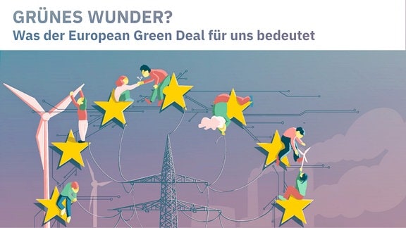 Illustration in entsättigten bunten Farben mit Personen auf EU-Sternen, die klettern, sich am Windrad festhalten oder Kabel von Strommasten ziehen.