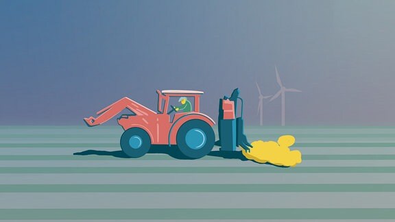 Illustration eines Traktors in bunten entsättigten Farben, der über Acker fährt und Düngemittel verteilt. Hintergrund Windräder.