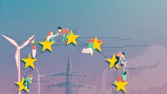 Illustration in entsättigten bunten Farben mit Personen auf EU-Sternen, die klettern, sich am Windrad festhalten oder Kabel von Strommasten ziehen.