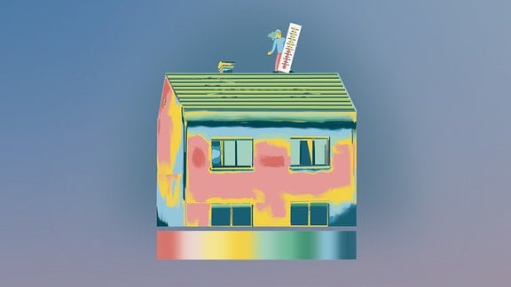 Illustration in Pastellfarben eines Einfamilienhauses wie mit Wärmebildkamera aufgenommen. Auf Dach Person mit großem Thermometer. Unter Haus stilisierte Skala mit Farbverläufen für Temperatur.