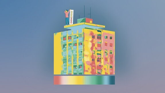 Illustration in Pastellfarben eines Wohnblockjs wie mit Wärmebildkamera aufgenommen. Auf Dach Person die in Ferne blickt mit großem Thermometer. Unter Haus stilisierte Skala mit Farbverläufen für Temperatur.