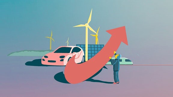 Das Bild zeigt ein Solarpanel, ein E-Auto, ein Windrad sowie den stilisierten Pfeil der AfD.