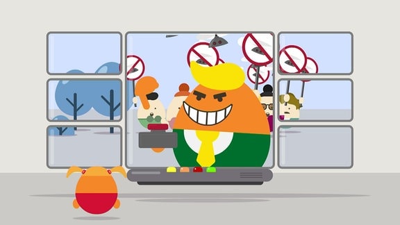 Illustration zum Artikel Acht - Ein Fernseher mit Eiförmigen Figuren die protestieren.