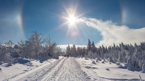 Halo- Erscheinung mit Zirkumzenitalbogen und Nebensonnen, in der Luft glitzern die Eiskristalle, auf dem Weg zum Fichtelberg, Kurort Oberwiesenthal.