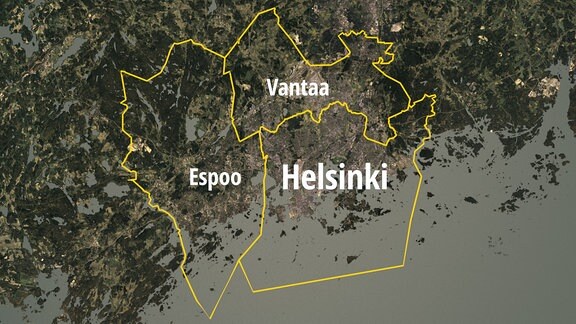 Die Hauptstadtregion Helsinki, bestehend aus der Stadt Helsinki und den anliegenden Städten Espoo und Vantaa. Hier leben insgesamt etwa 1,5 Millionen Menschen.