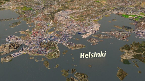 3D-Satellitenbild-Modell von Helsinki mit erhöhter Farbsättigung, wodurch der relativ große Grünflächenanteil in der finnischen Hauptstadt deutlich wird