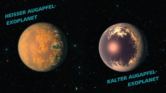 Diese künstlerische Weltraum-Darstellung zeigt zwei Typen von Augapfel-Exoplaneten: Einem "heißen" Augapfelplaneten (l.), mit einer dem Stern zugewandten verbrühten Seite und Wasser auf der anderen Seite und einem "kalten" Augapfelplaneten (r.) mit einer Eishülle, die auf der dem Stern zugewandten Seite von einem Ozean durchzogen ist.