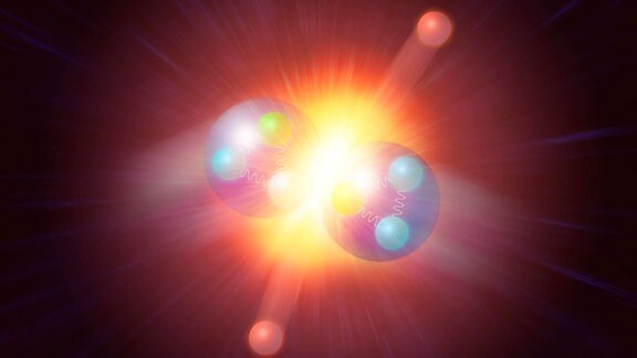 Higgs-Boson, Illustration des Higgs-Teilchens Orange, oben und unten, das durch die Kollision zweier Protonen entsteht.