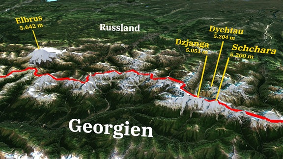 Texturiertes und beschriftetes 3D-Modell einiger hoher Gipfel im Kaukasus