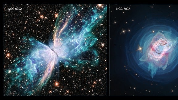 Diese beiden neuen Bilder des Hubble-Weltraumteleskops zeigen zwei nahegelegene junge planetarische Nebel, NGC 6302, der als Schmetterlingsnebel bezeichnet wird, und NGC 7027, der einem Juwelenkäfer ähnelt. Beide gehören zu den staubigsten planetarischen Nebeln, die bekannt sind, und beide enthalten ungewöhnlich große Gasmassen